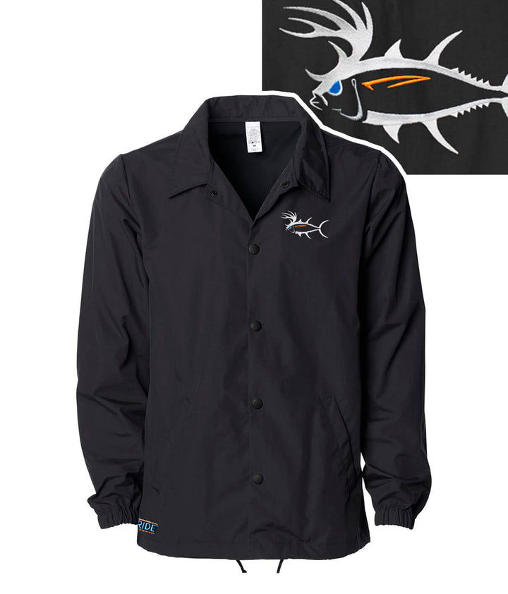A black windbreaker jacket with a fish logo on it