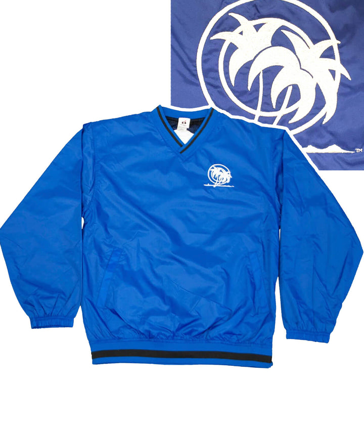 Classic Palm windbreaker pullover in blue with embroidered logo on left chest and center rear yoke.
