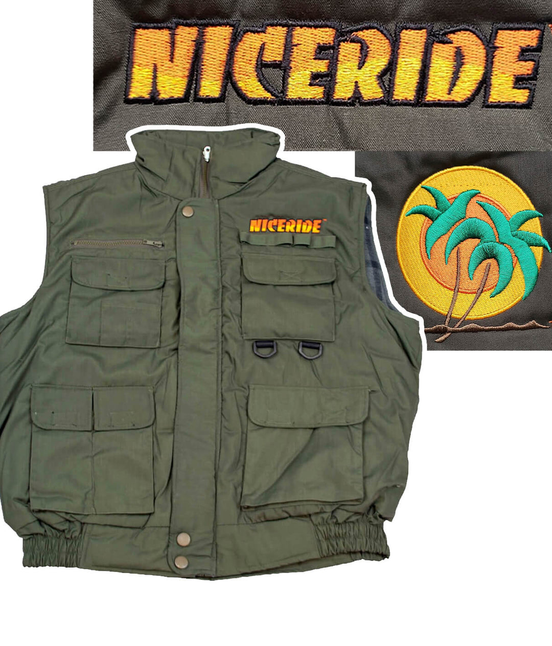 The Chet Cargo Vest featuring NICERIDE embroidery on the chest and palm logo on the rear yoke.