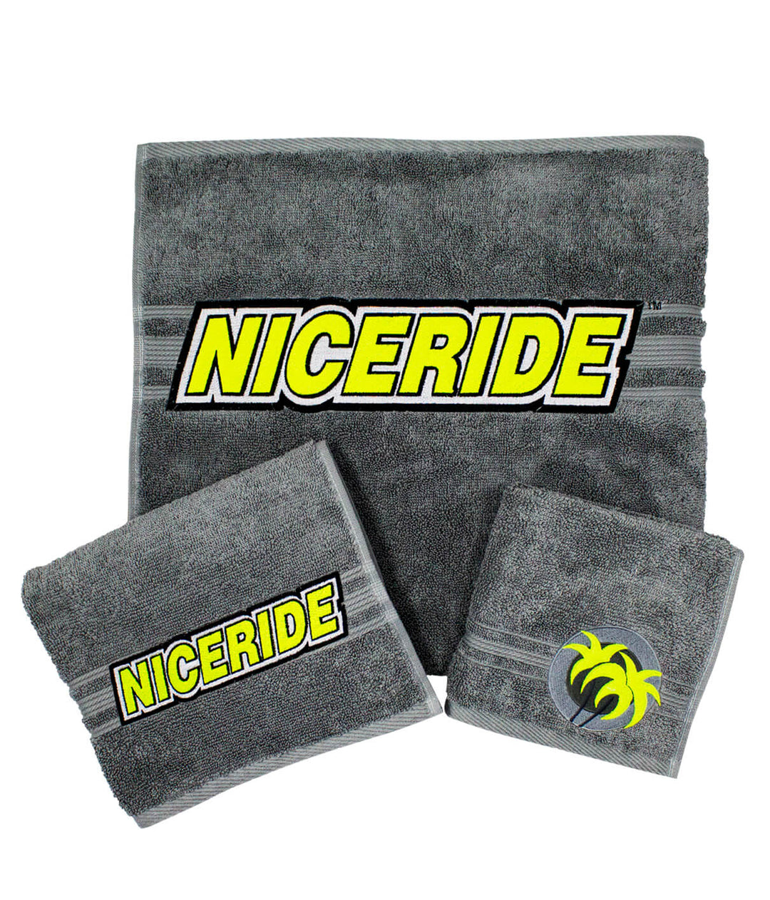 Slick 3 Piece Towel Set in gray featuring NICERIDE logo on body towel, hand towel, and wash cloth.