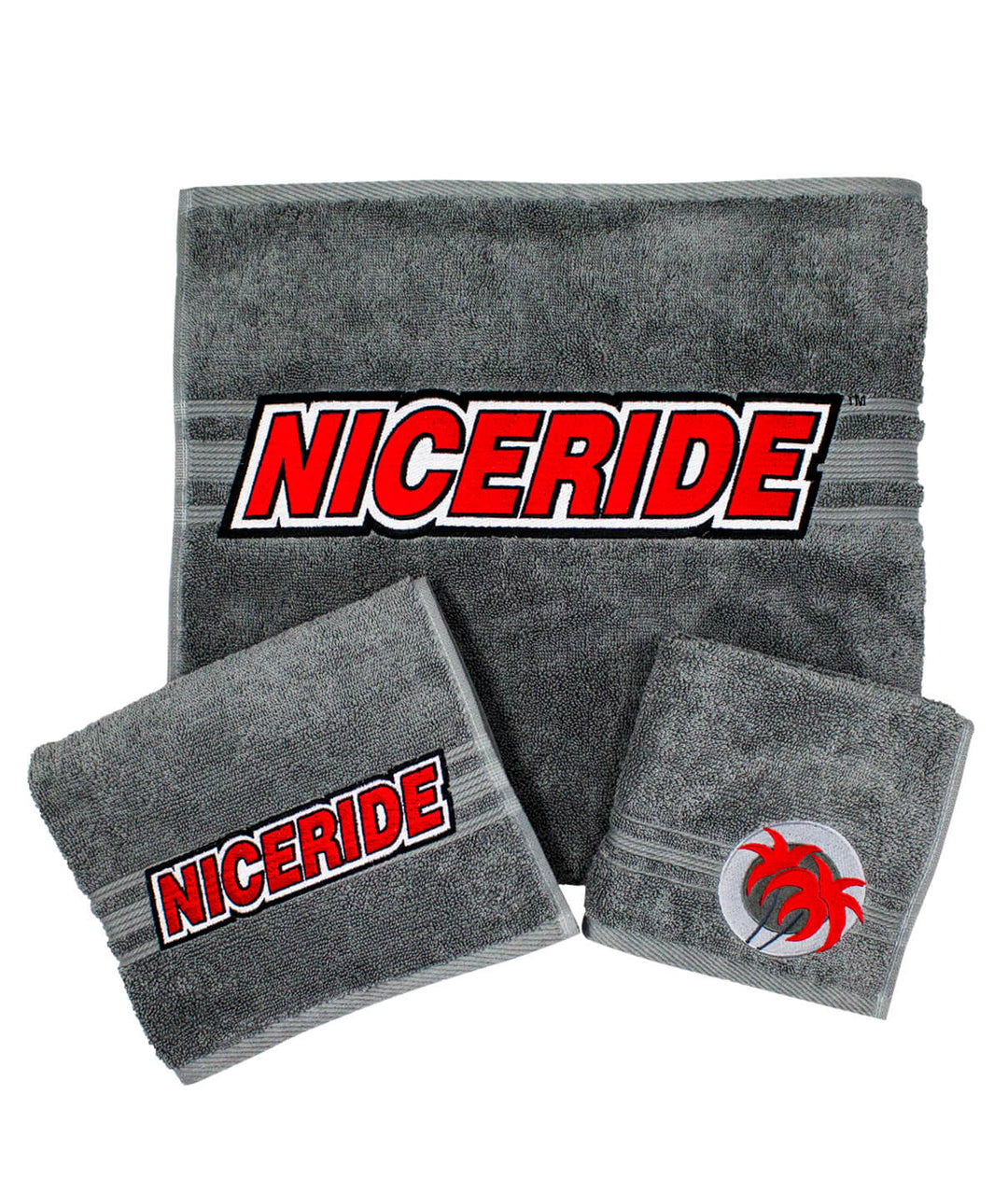 Slick 3 Piece Towel Set in gray featuring embroidered NICE RIDE logo on each towel, including body towel, hand towel, and wash cloth.