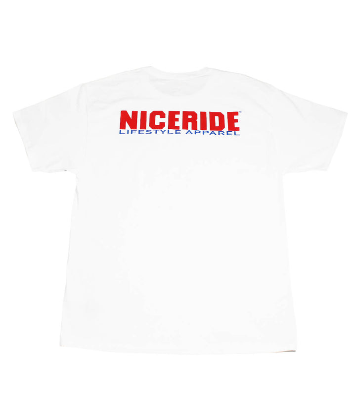 Back view of NICERIDE Lifestyle Apparel t-shirt featuring bold red and blue design.