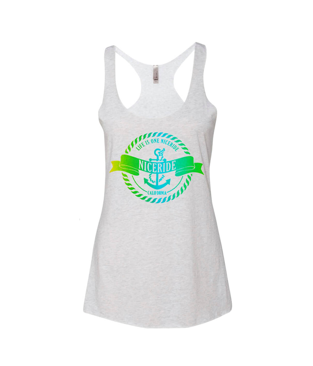 Next Level women's tank top in white with NICERIDE graphic design, perfect vintage tank top for casual wear.