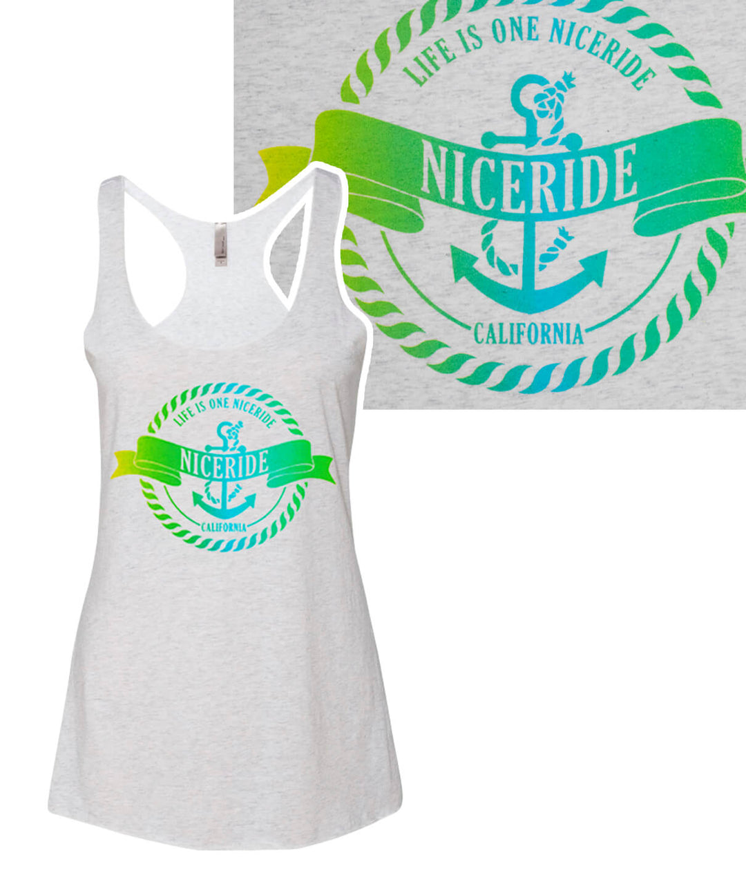 Anchored white tank top for women featuring NICERIDE design and anchor logo, perfect vintage tank top for casual wear.