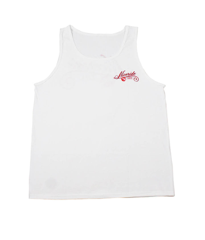 The Life - White Fruit Of The Loom Mens Tank Top with NICERIDE logo printed on the chest.