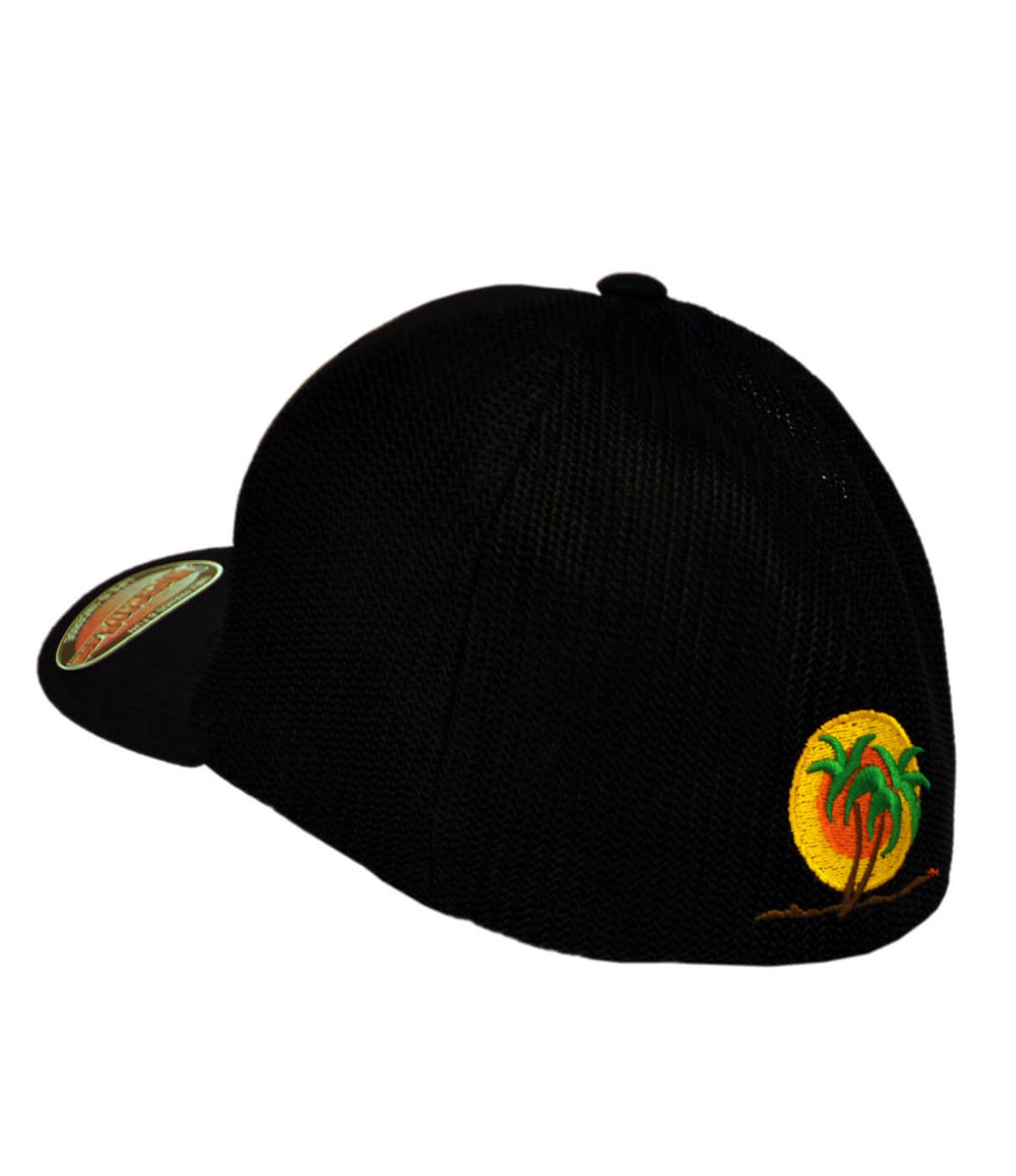 Double Palm Meshback Flexfit Hat featuring embroidered palm logo on a black baseball cap.