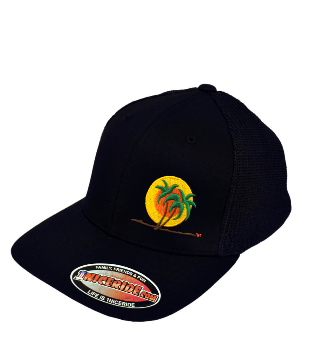 Double Palm Meshback Flexfit Hat featuring NICERIDE's palm logo embroidered on the front.
