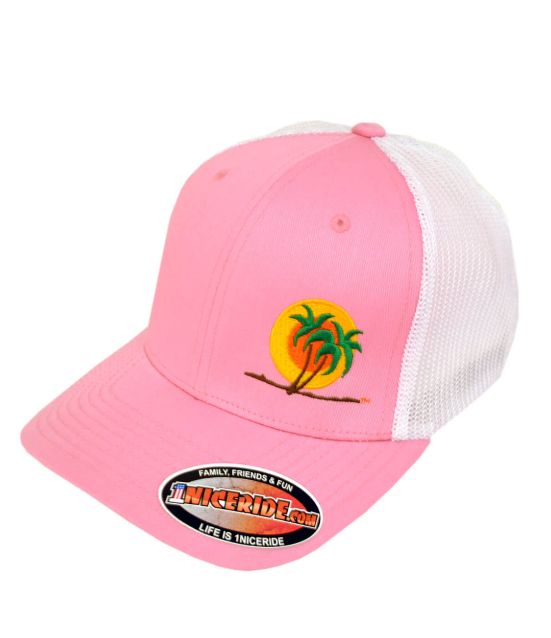 Classic Palm meshback Flexfit hat in pink with embroidered palm logo, perfect summer accessory for outdoor fun.