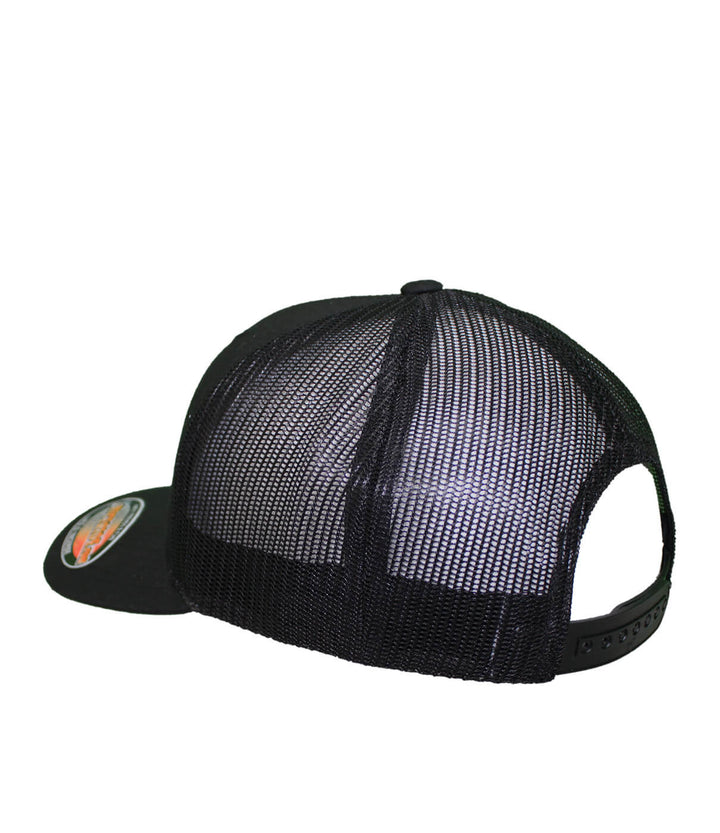 Back view of Classic Palm Retro Trucker Hat, a black hat with mesh panels for breathability.
