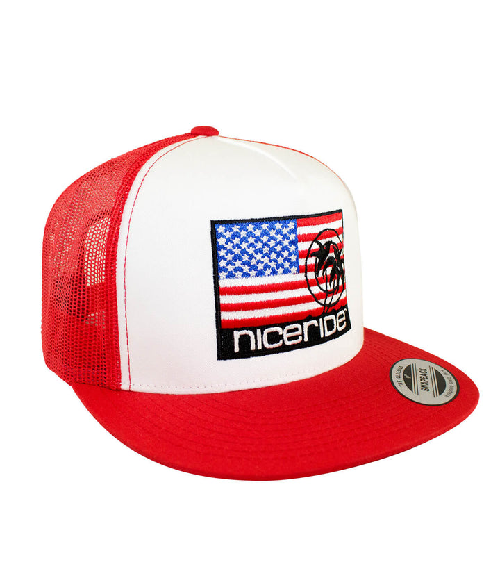 Niceride Pride hat featuring American flag embroidery on classic snapback trucker style.