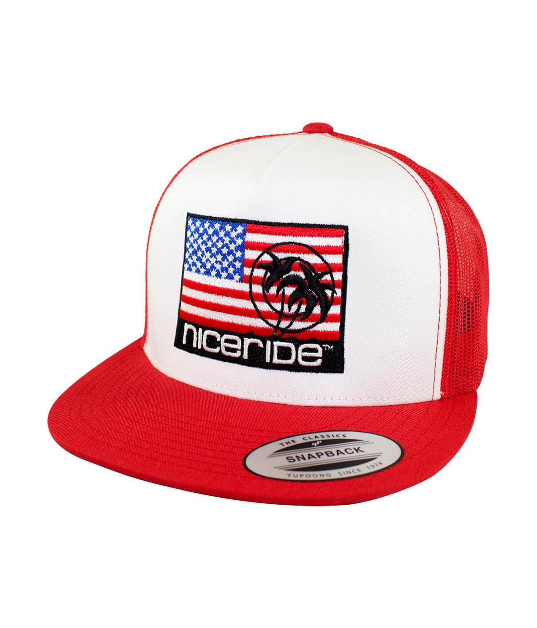 Niceride Pride Trucker Hat featuring American flag and embroidered palm logo, perfect for summer wear.