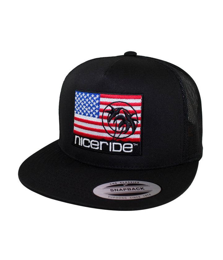 Niceride Pride trucker hat featuring American flag design and blacked out logo, classic snapback style hat.