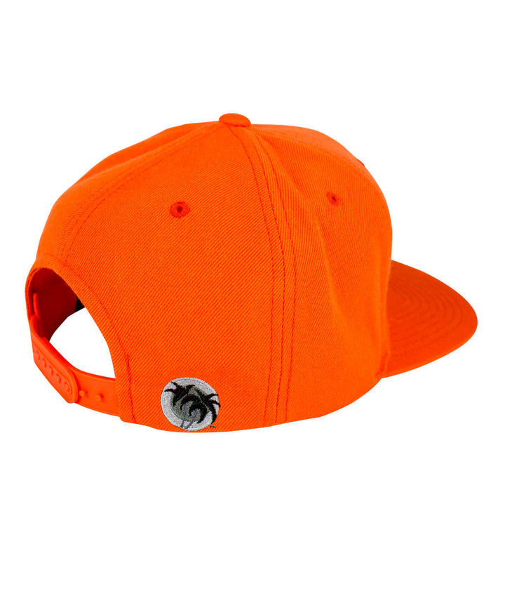 The Life snapback hat in bright orange featuring the NICERIDE palm logo on the back, perfect for casual wear.