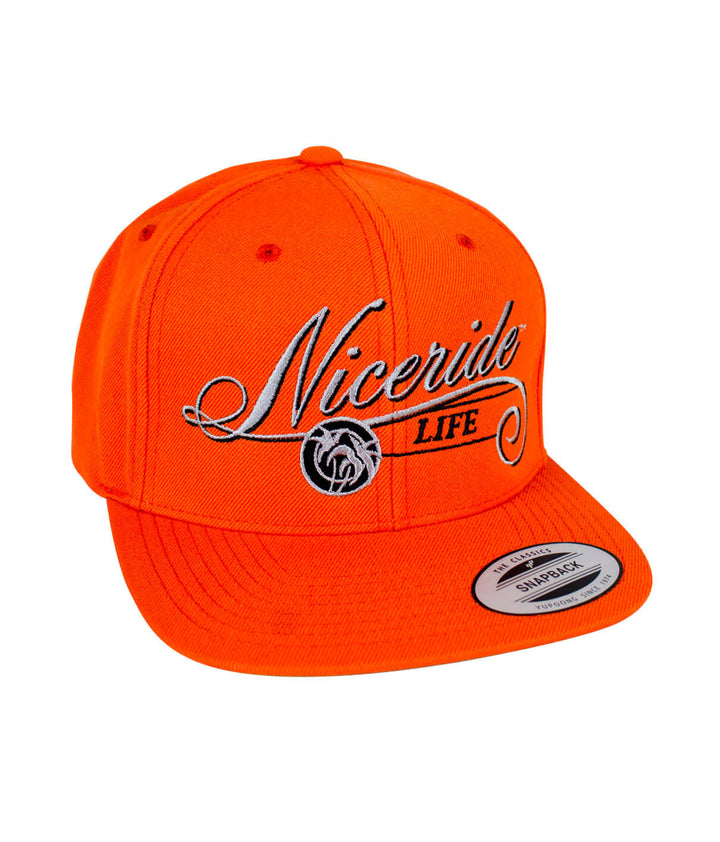 Bright orange snapback hat featuring NICERIDE&