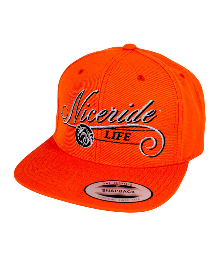 The Life Snapback Hat with embroidered design in vibrant orange color, featuring NICERIDE logo and classic palm design.
