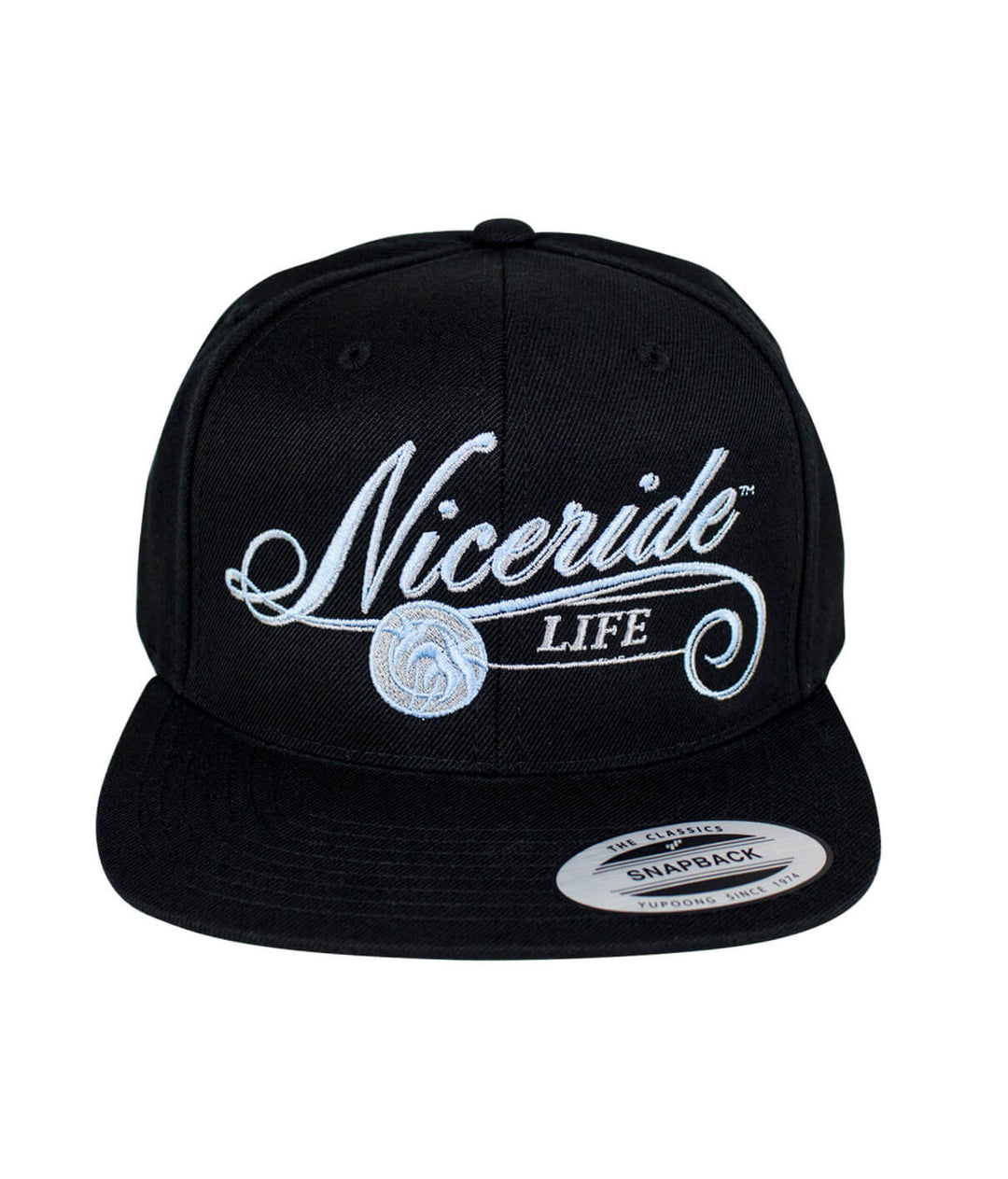 The Life Snapback Hat by NICERIDE featuring embroidered design on black cap.