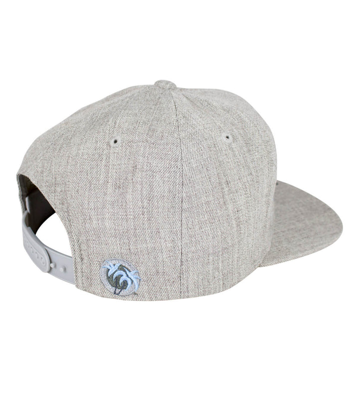 Back view of The Life snapback hat featuring blacked out palm logo and light fabric.