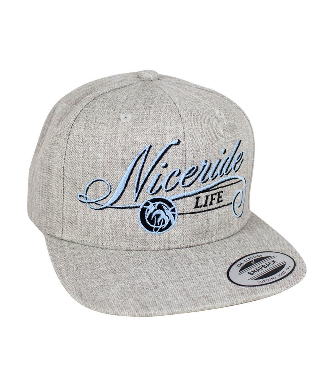 The Life Snapback Hat featuring NICERIDE embroidery and classic palm logo, a stylish baseball cap.