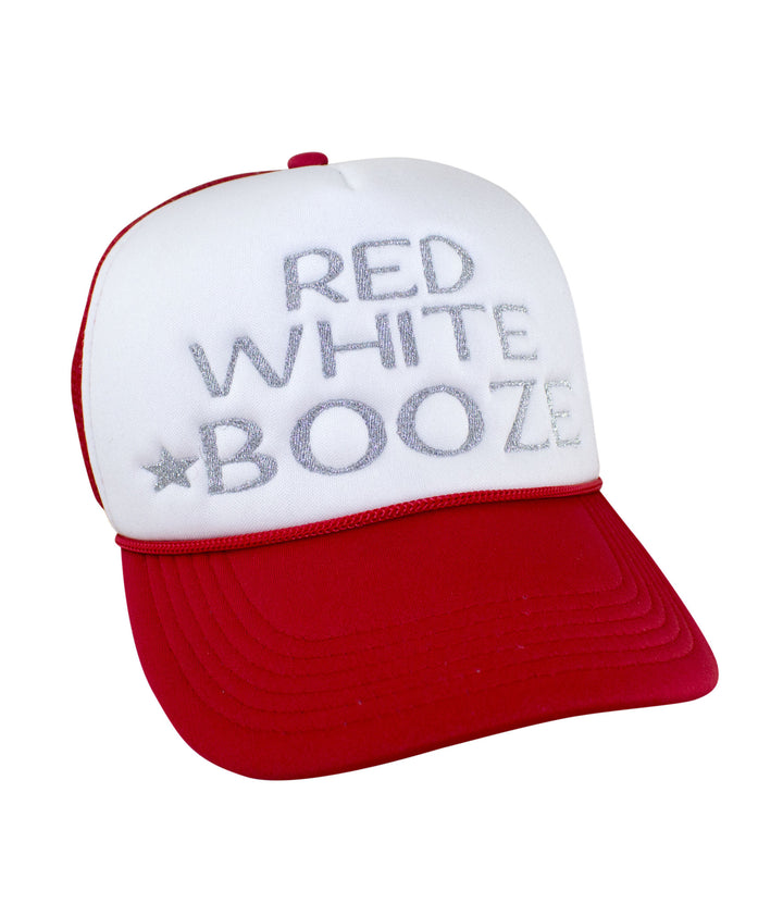 Red, White &amp; Booze foam trucker baseball hat with metallic silver embroidery on front panel and red brim, perfect summer accessory.