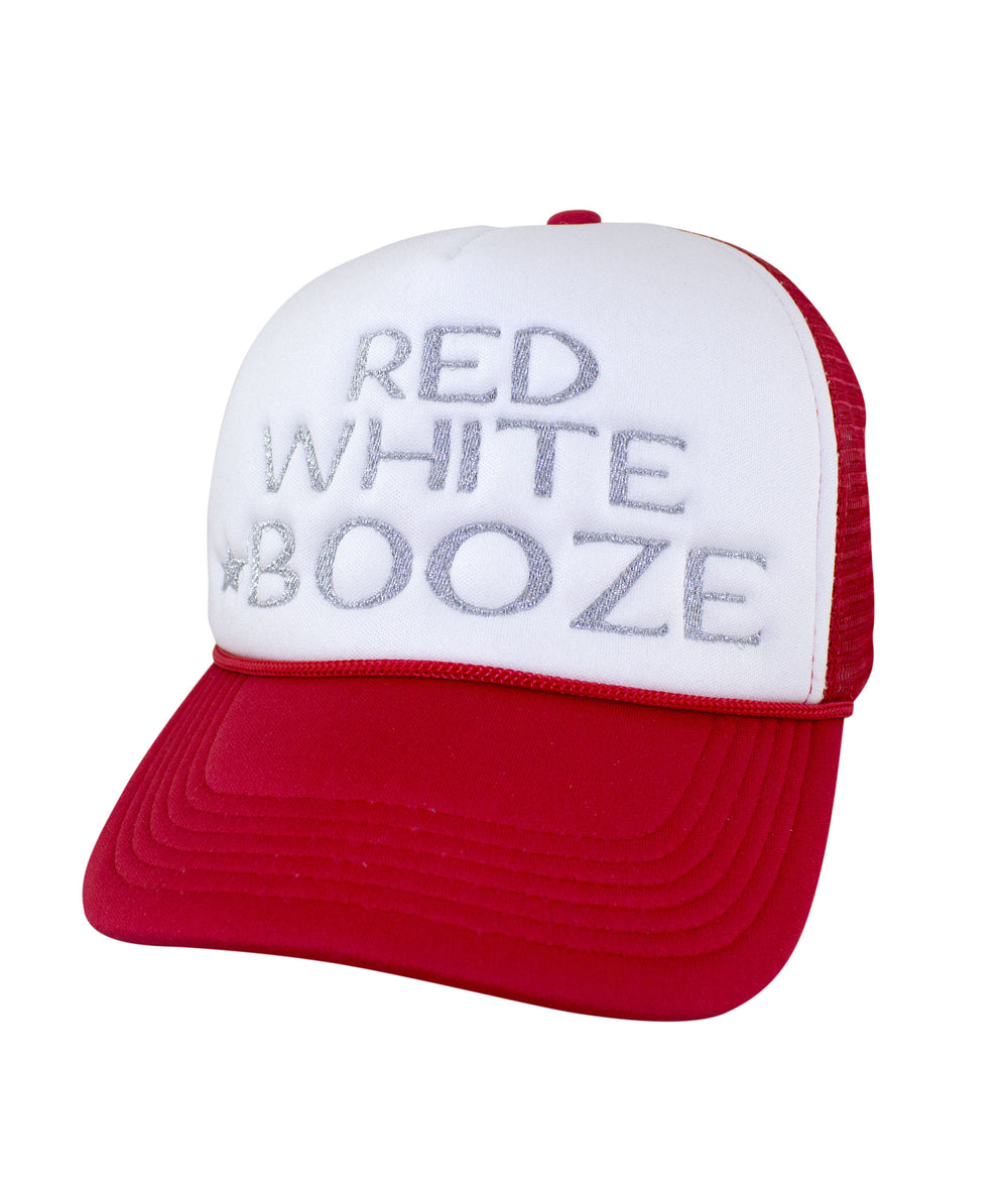 Red, White & Booze foam trucker baseball hat with metallic silver embroidery on the front panel, perfect for summer.