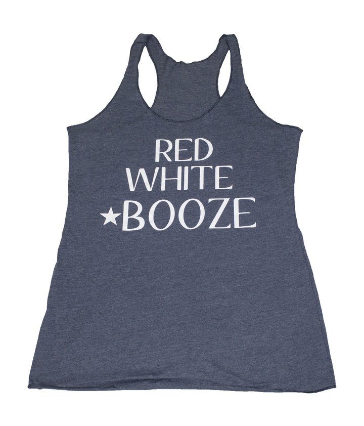 Red, White, Booze tank top in a vintage racerback style, ultra-soft with a loose fit, perfect for any occasion.