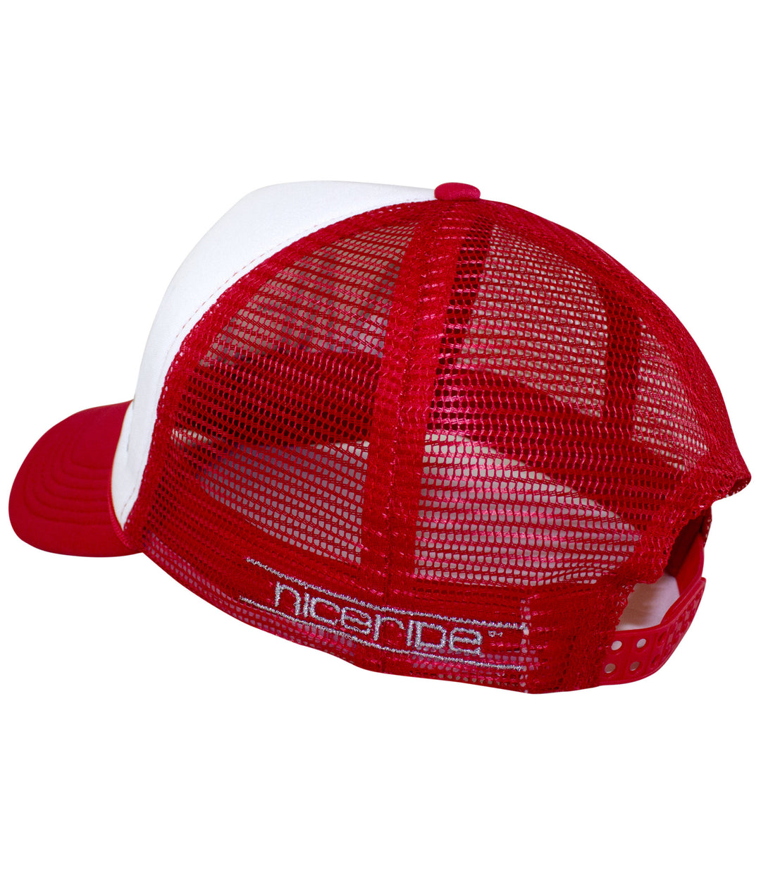 Back view of a red and white foam trucker hat with NICERIDE embroidered on the side, showcasing its mesh design.