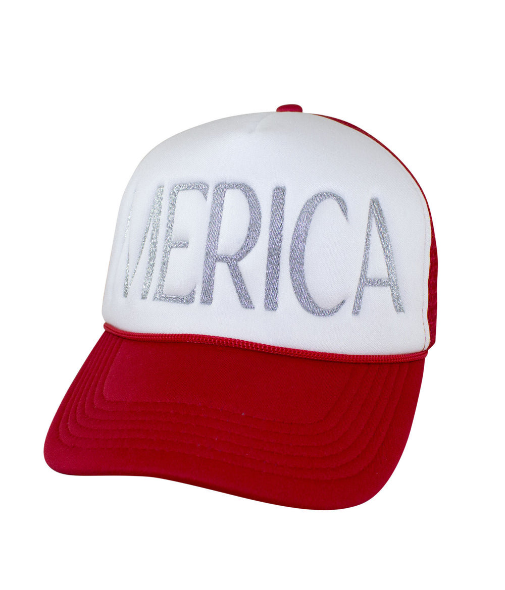 Merica Foam Trucker Hat in red and white with metallic silver embroidery, perfect summer hat.