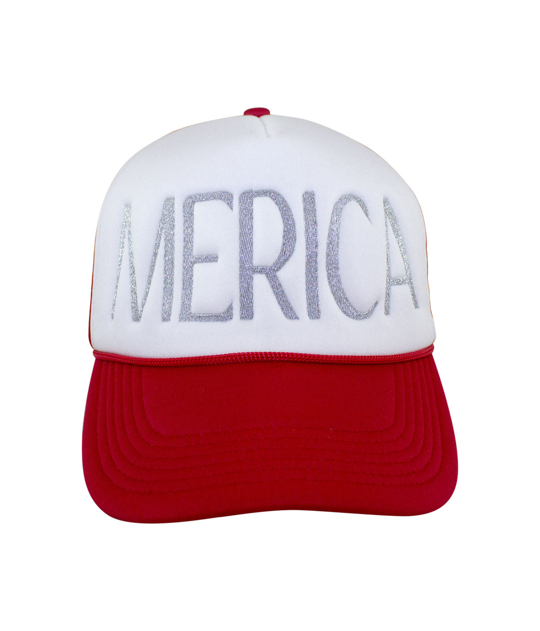 Merica Foam Trucker Hat featuring metallic silver embroidery on a red and white design, perfect for a casual look.