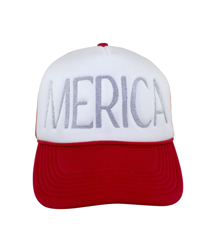 Merica Foam Trucker Hat featuring metallic silver embroidery on a red and white design, perfect for a casual look.