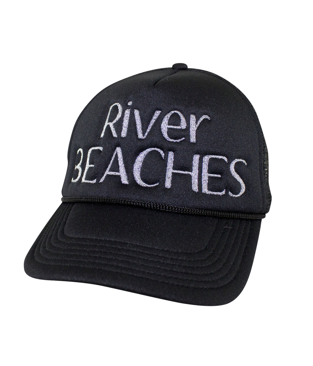River Beaches Foam Trucker Hat showcasing embroidered design on the front panel, featuring the focus keyword hat.