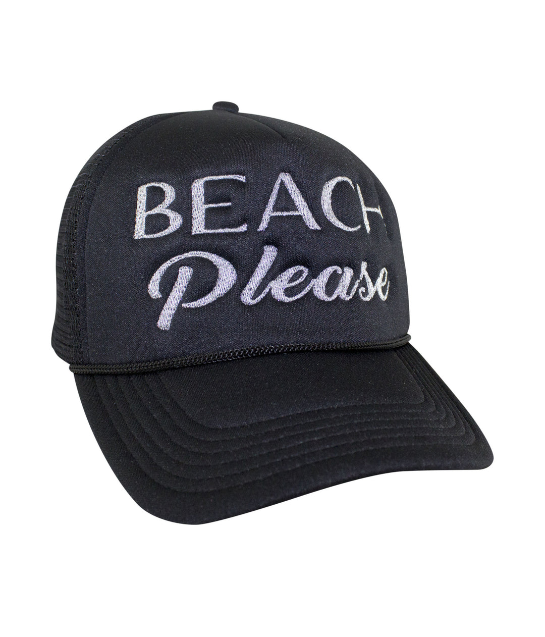 Beach Please Foam Trucker Hat featuring 'Beach Please' embroidery on the front panel, perfect for beach lovers.