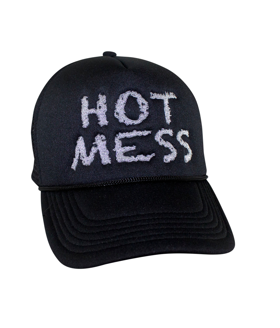 Hot Mess Foam Trucker Hat featuring embroidered text, stylish baseball cap for casual wear.