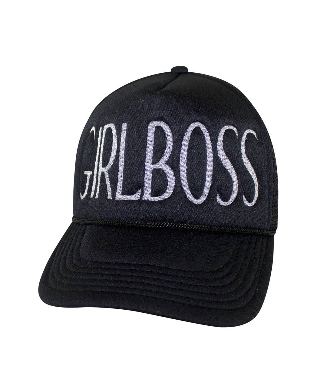 Black foam trucker hat featuring "GIRLBOSS" embroidered on the front panel, perfect fashion statement for stylish individuals.