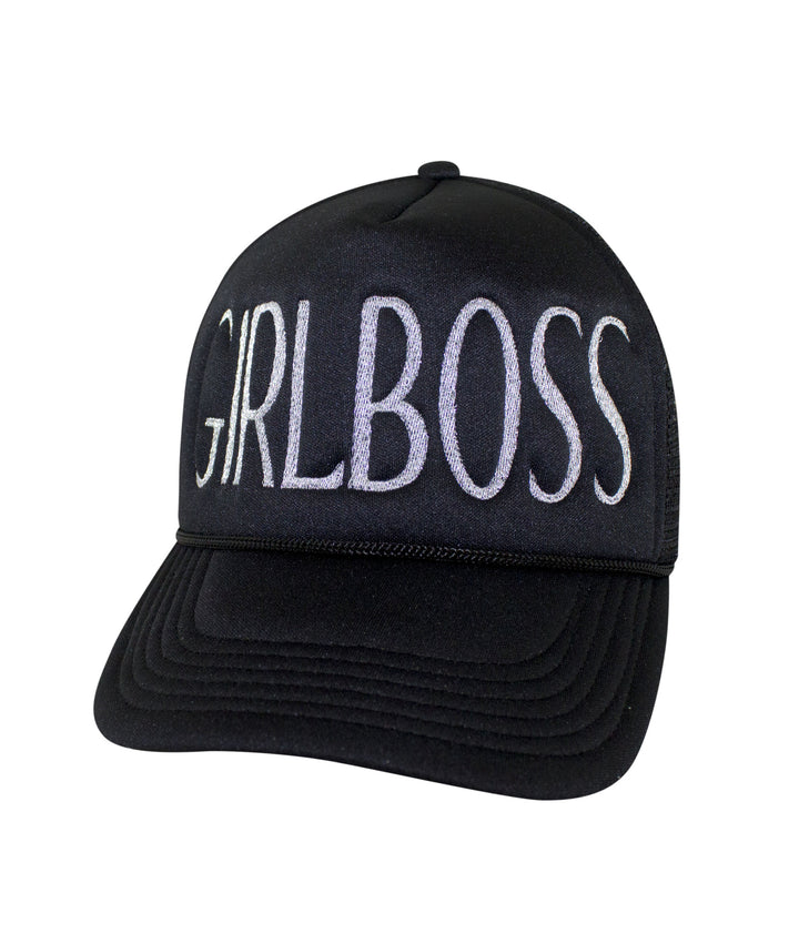 Black foam trucker hat featuring "GIRLBOSS" embroidered on the front panel, perfect fashion statement for stylish individuals.