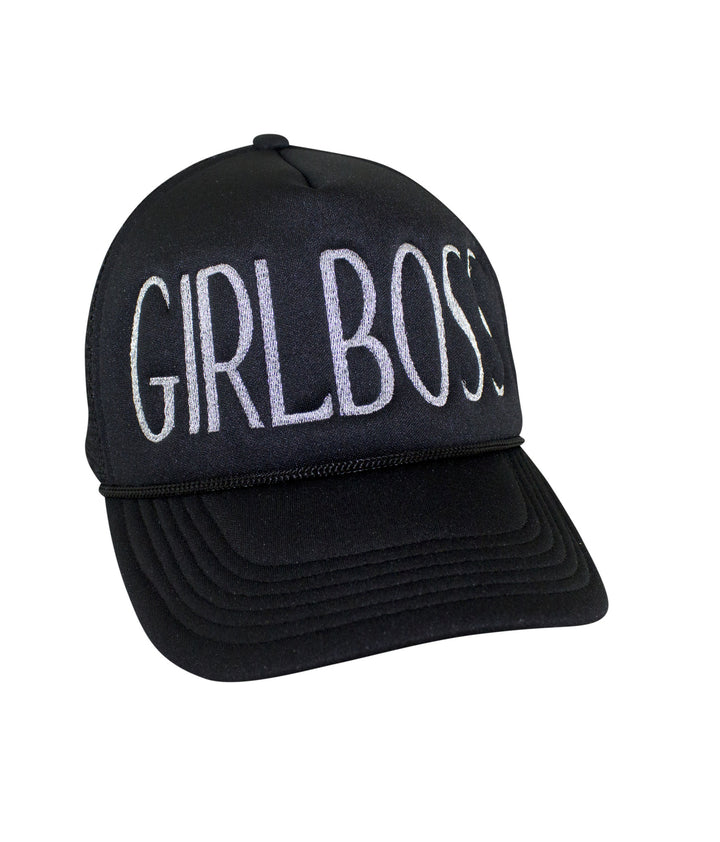 Black Foam Trucker Hat featuring "GIRLBOSS" embroidery, perfect for stylish women who embrace empowerment.