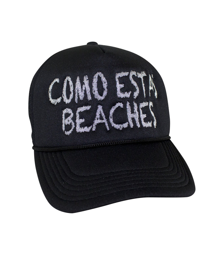 Como Estas Beaches Foam Trucker Hat with embroidered text, perfect for casual outings, focuses on the hat style.