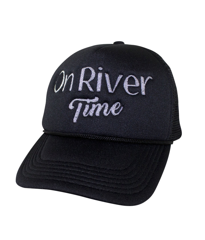 On River Time Foam Trucker Hat with embroidered design, a stylish hat for outdoor enthusiasts.