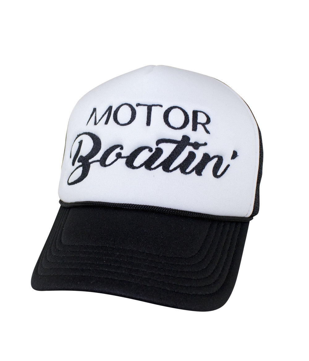 Motor Boatin' Foam Trucker Baseball Cap, stylish hat with embroidered design, perfect for outdoor adventures.