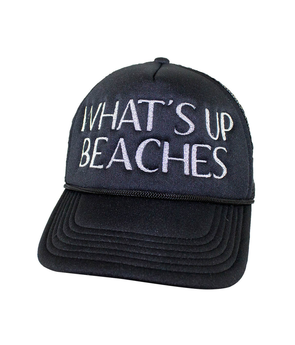 What's Up Beaches Foam Trucker Hat featuring embroidered text, perfect for casual wear and summer outings, ideal hat choice.