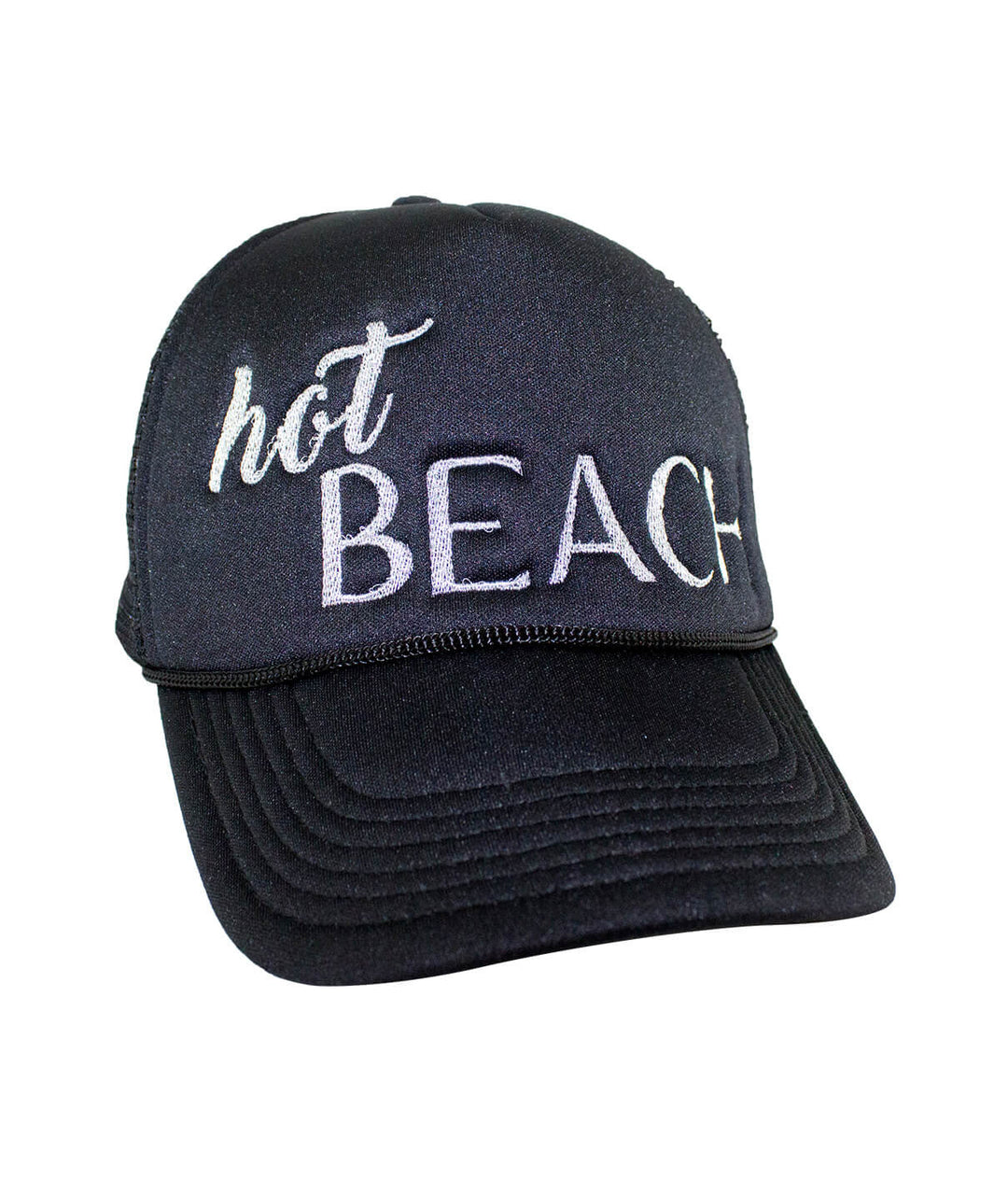 Hot Beach Foam Trucker Cap, black baseball hat with embroidered lettering, perfect summer accessory.
