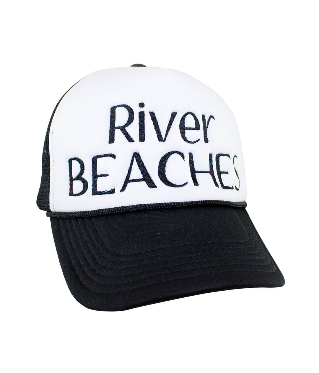 River Beaches Foam Trucker Hat with black and white design, featuring &