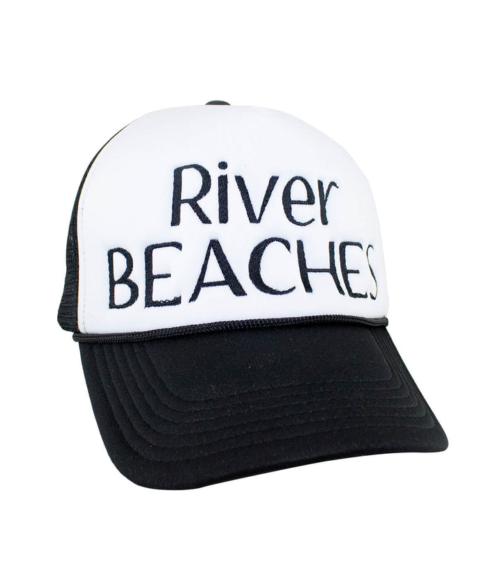 River Beaches Foam Trucker Hat with black and white design, featuring &