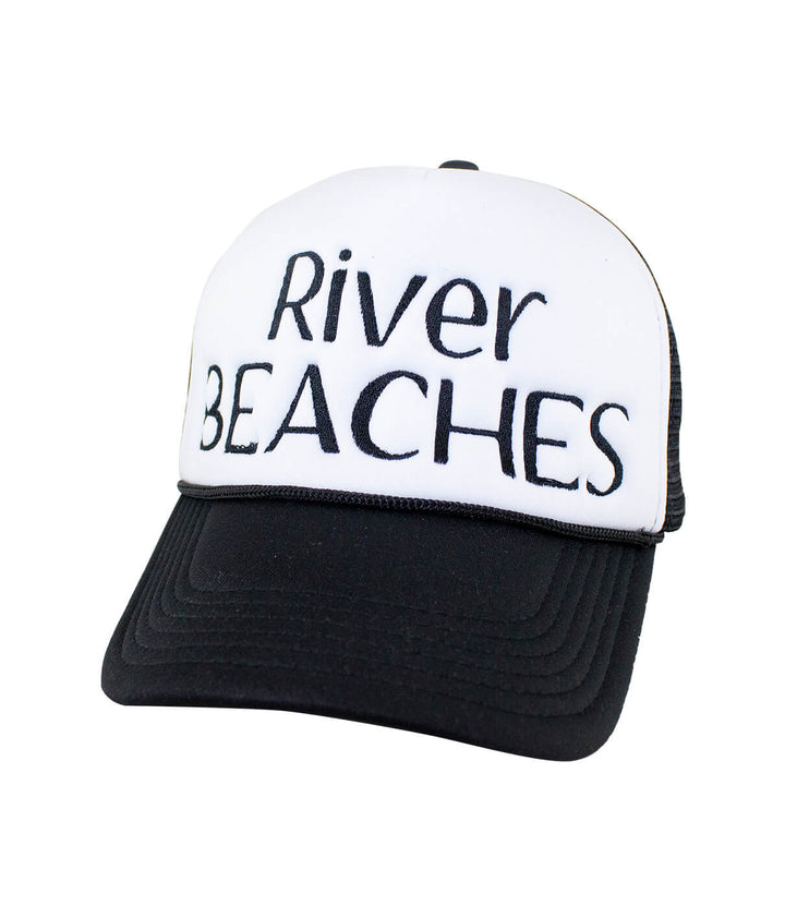 River Beaches Foam Trucker Hat featuring embroidered text and a black visor, perfect for outdoor activities.