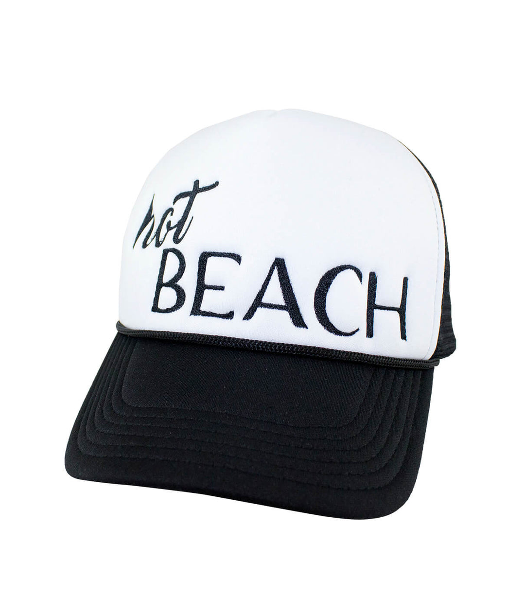 Hot Beach Foam Trucker Cap, a stylish hat with embroidered lettering perfect for beach days.
