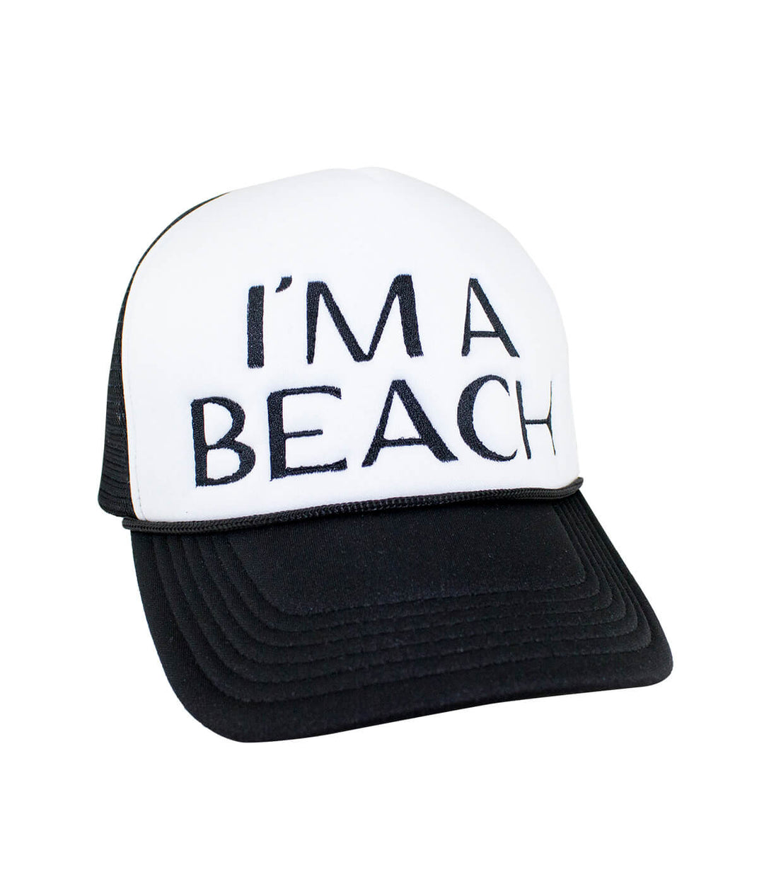 I'm A Beach Foam Trucker Hat, stylish hat with embroidered text, perfect for beach lovers.