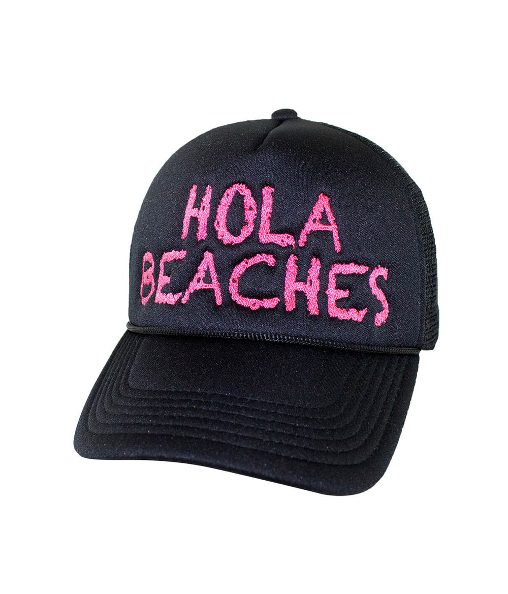 Hola Beaches Foam Trucker Hat with pink embroidery, stylish hat for beach lovers.