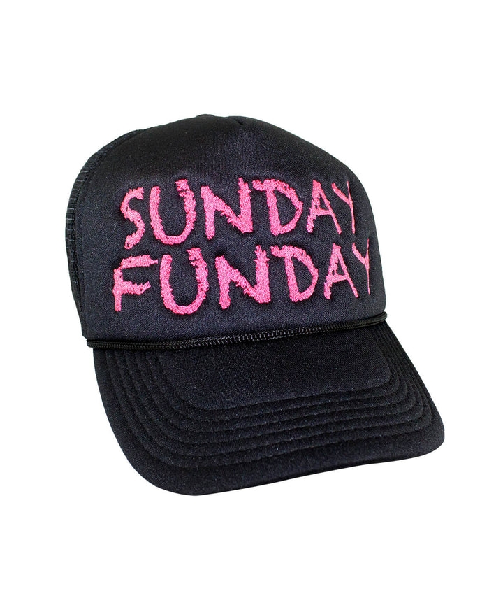 Sunday Funday Foam Trucker Hat with embroidered text, perfect for casual wear and outdoor fun. A stylish hat for any adventure.