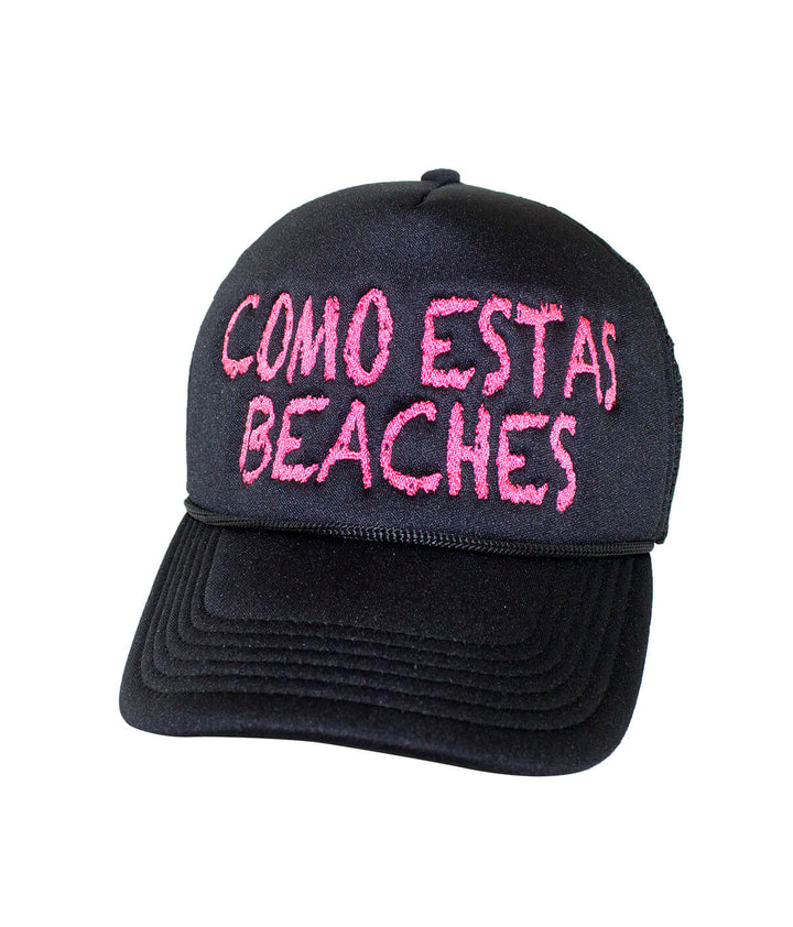 Como Estas Beaches Foam Trucker Hat with embroidered text, perfect summer accessory, designed and shipped in the United States, hat.