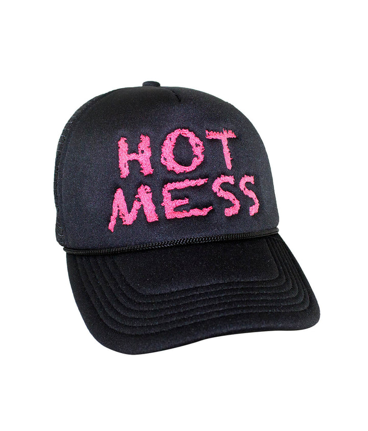 Hot Mess Foam Trucker Hat with embroidered lettering in pink on black cap, perfect for casual wear.