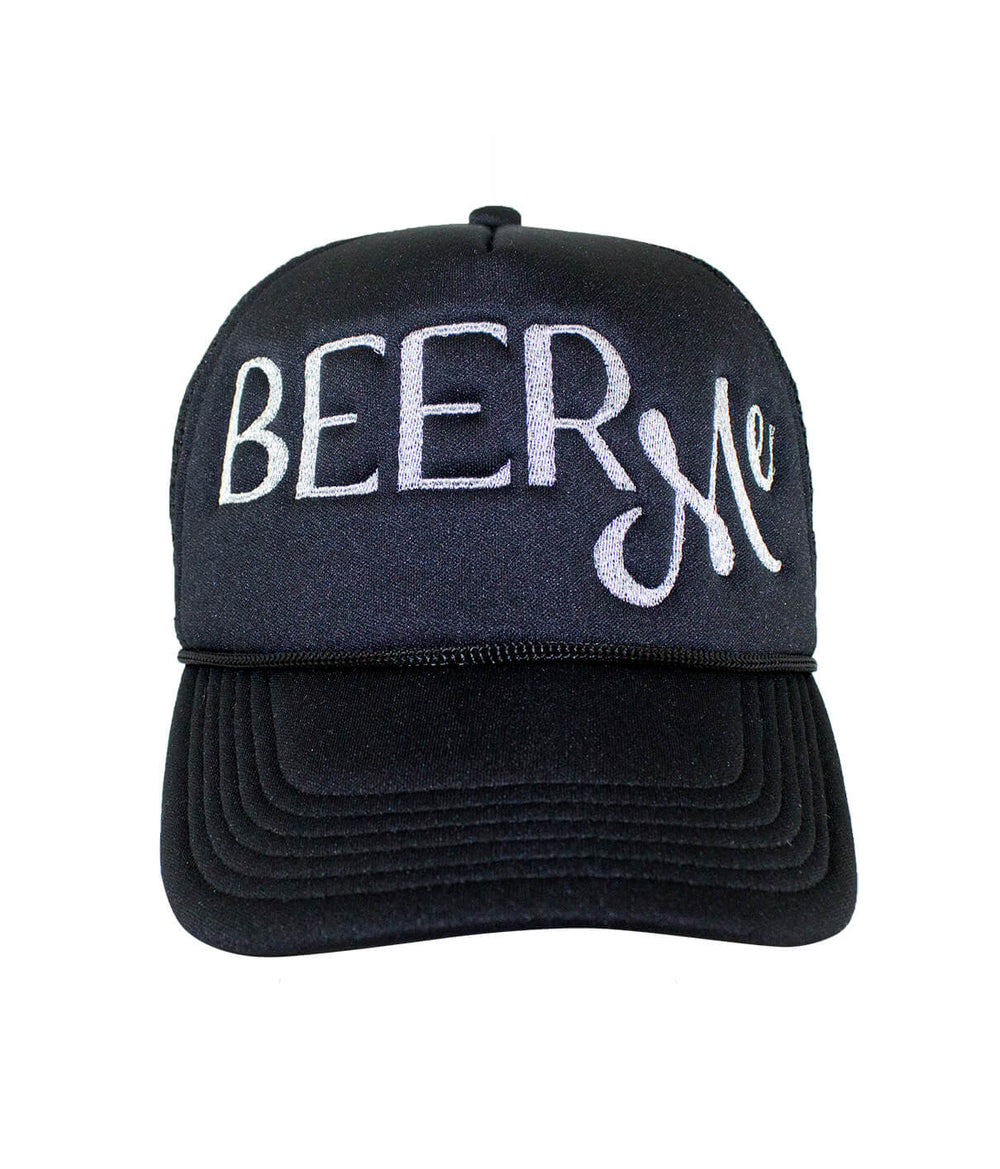 Beer Me Foam Trucker Hat featuring embroidered text, designed for style and comfort. Perfect hat for casual wear.